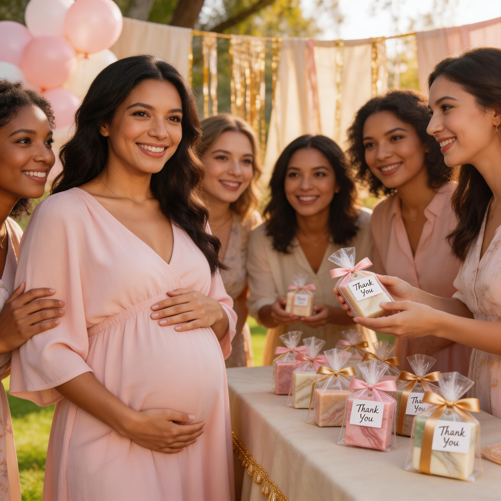 Mujer embarazada con amigas en baby shower