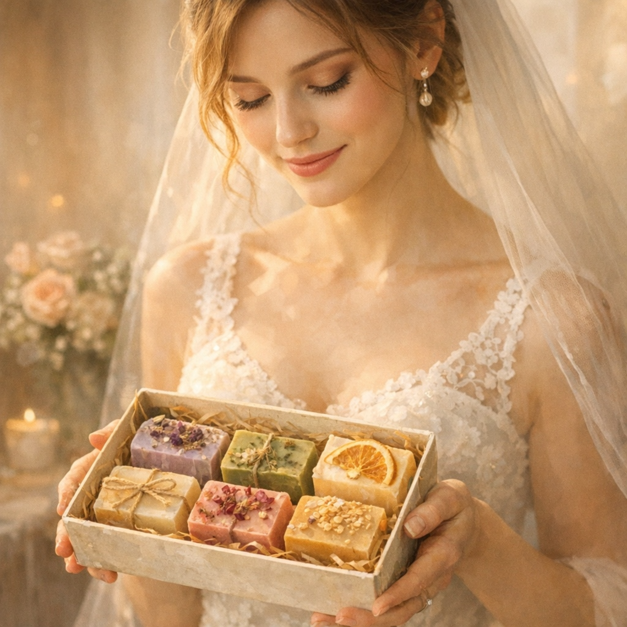 Novia sosteniendo una caja de jabones artesanales