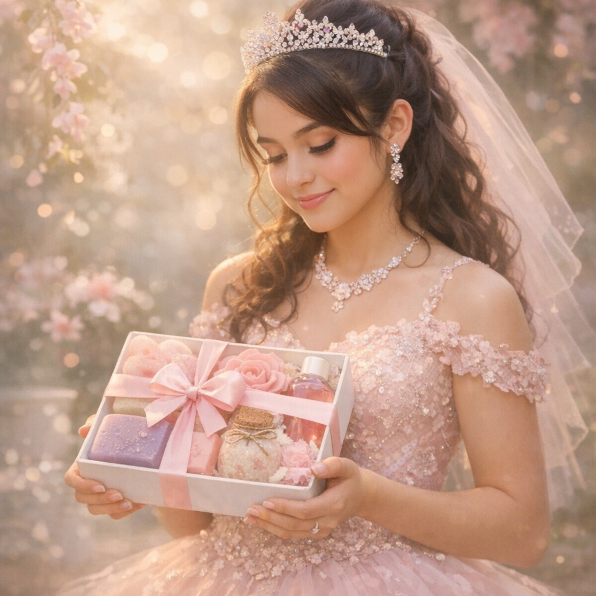 Quinceañera sosteniendo caja de regalo