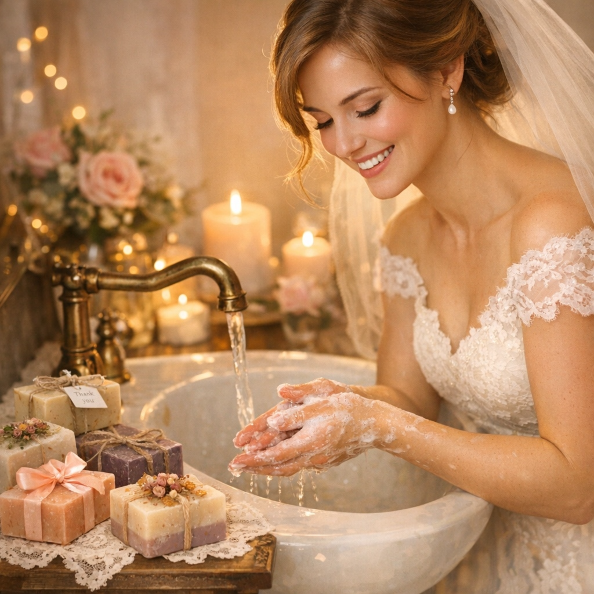 Novia lavándose las manos con jabones artesanales